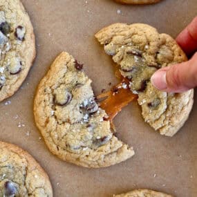 Caramel-stuffed chocolate chip cookies topped with flaky sea salt.