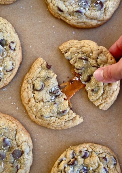 Caramel-stuffed chocolate chip cookies topped with flaky sea salt.