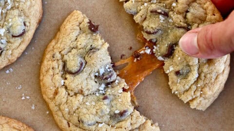 Caramel-stuffed chocolate chip cookies topped with flaky sea salt.