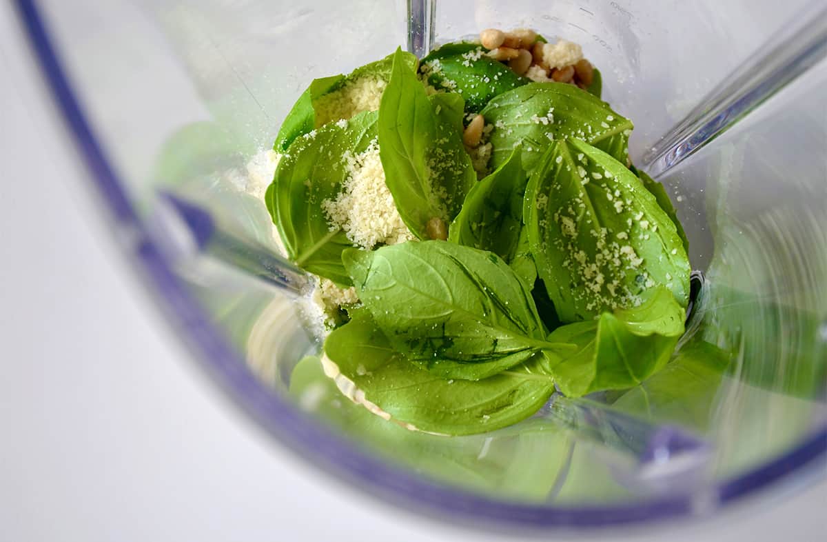 Pesto ingredients are in the jar of a blender, including basil, parmesan cheese and toasted pine nuts.