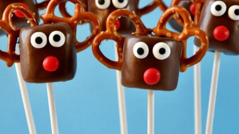 Chocolate-covered marshmallows with candy eyes, red candy noses and pretzel "antlers" made to look like Santa's reindeer.