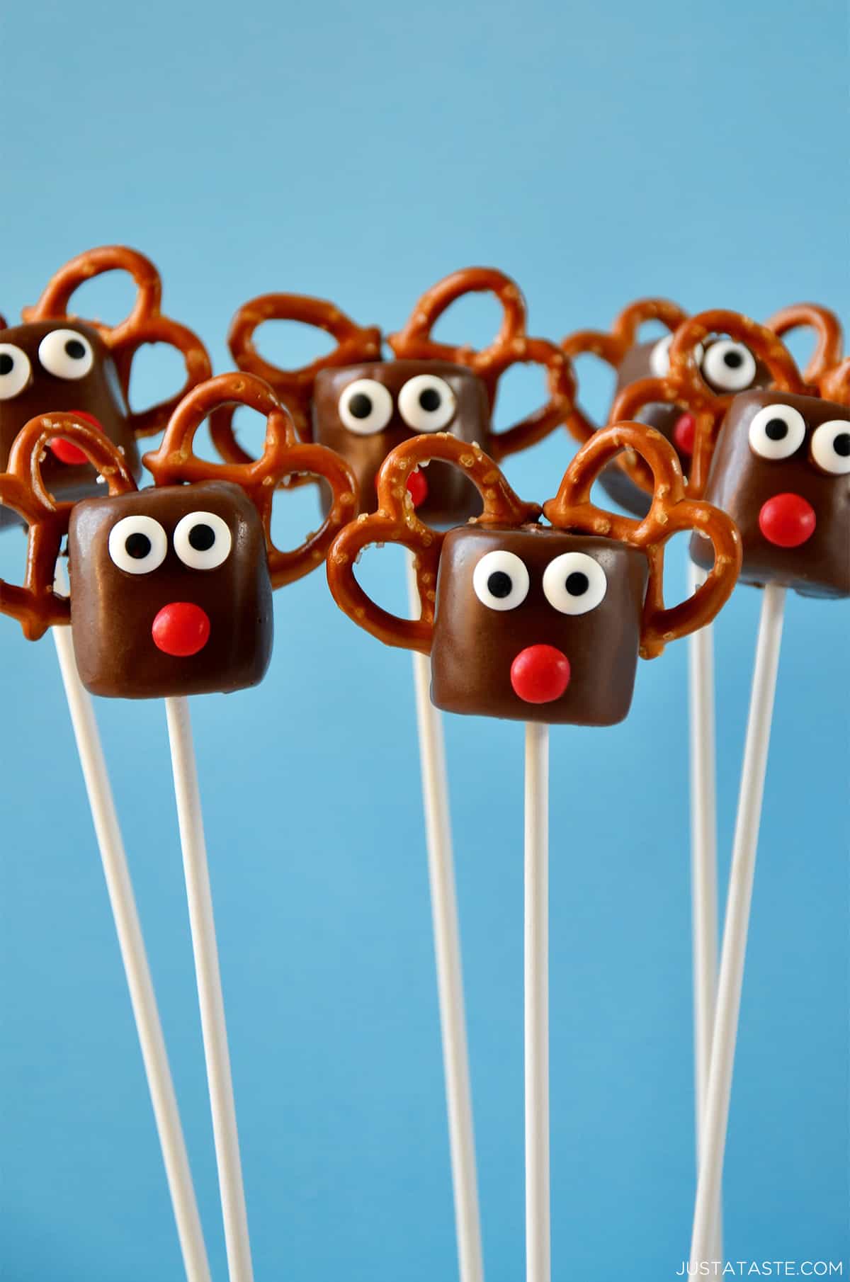 Chocolate-covered marshmallows with candy eyes, red candy noses and pretzel "antlers" made to look like Santa's reindeer.