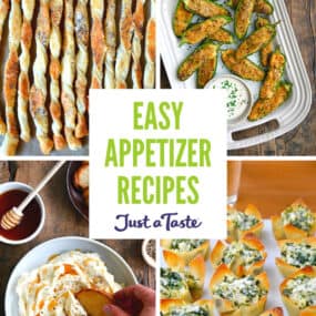 A collage of recipes, including puff pastry cheese straws, jalapeño poppers, artichoke dip wonton cups, and whipped cheese.