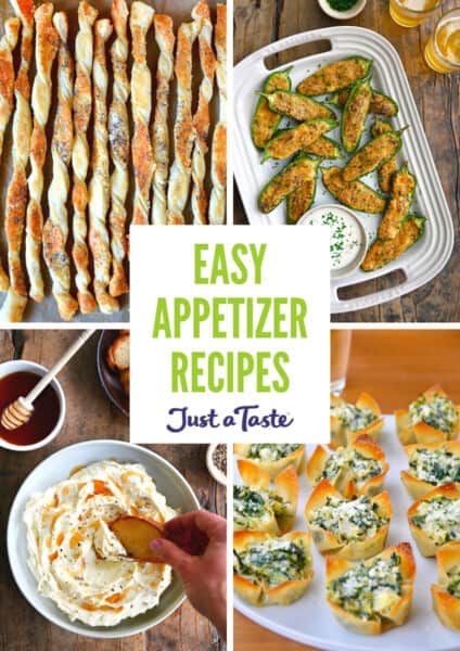 A collage of recipes, including puff pastry cheese straws, jalapeño poppers, artichoke dip wonton cups, and whipped cheese.