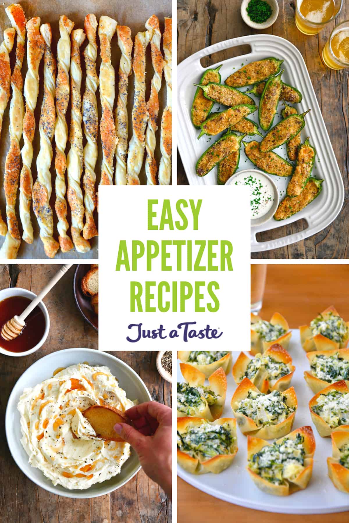 A collage of recipes, including puff pastry cheese straws, jalapeño poppers, artichoke dip wonton cups, and whipped cheese.
