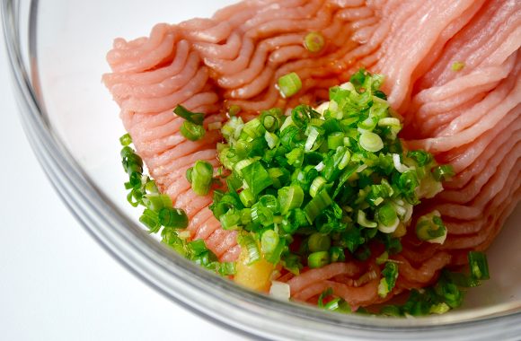 Ground chicken and sliced scallions in clear bowl