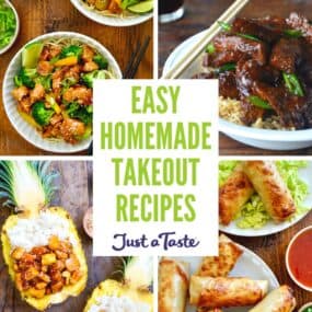 Four takeout-inspired recipes, including chicken and broccoli stir-fry, Mongolian beef, egg rolls, and sticky pineapple chicken in a hollowed-out pineapple with white rice.