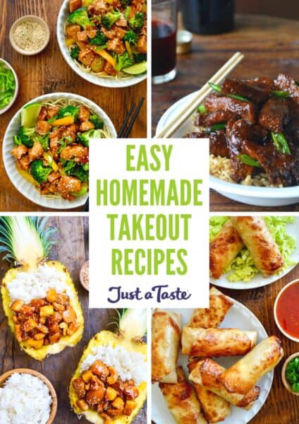Four takeout-inspired recipes, including chicken and broccoli stir-fry, Mongolian beef, egg rolls, and sticky pineapple chicken in a hollowed-out pineapple with white rice.