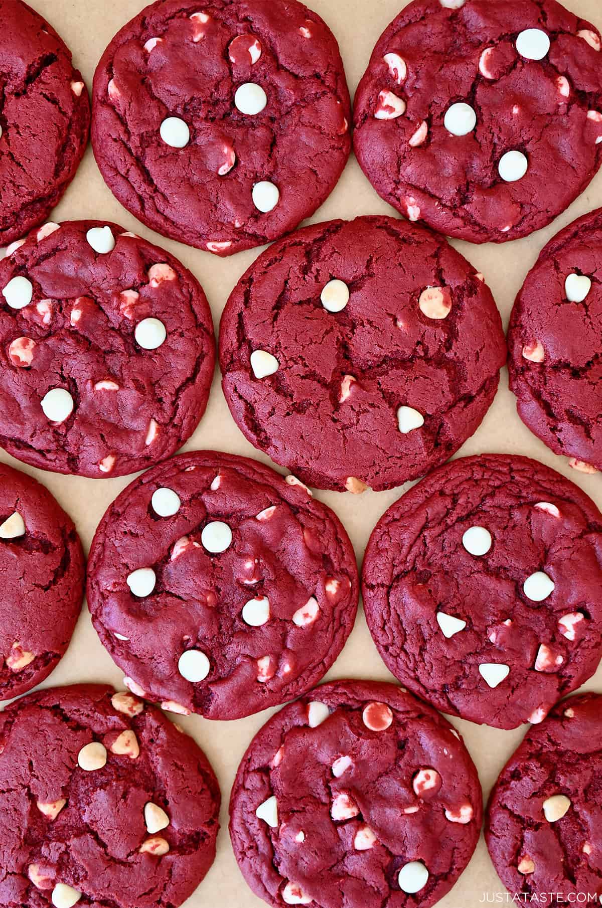 Freshly baked red velvet white chocolate chip cake mix cookies.