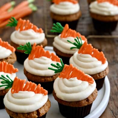 Carrot cupcakes topped with piped cream cheese frosting and carrot candy melt toppers on a white plate.