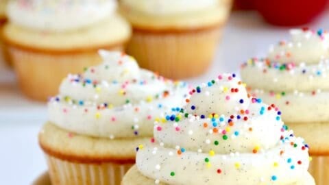 Very vanilla cupcakes with piped vanilla bean buttercream frosting.