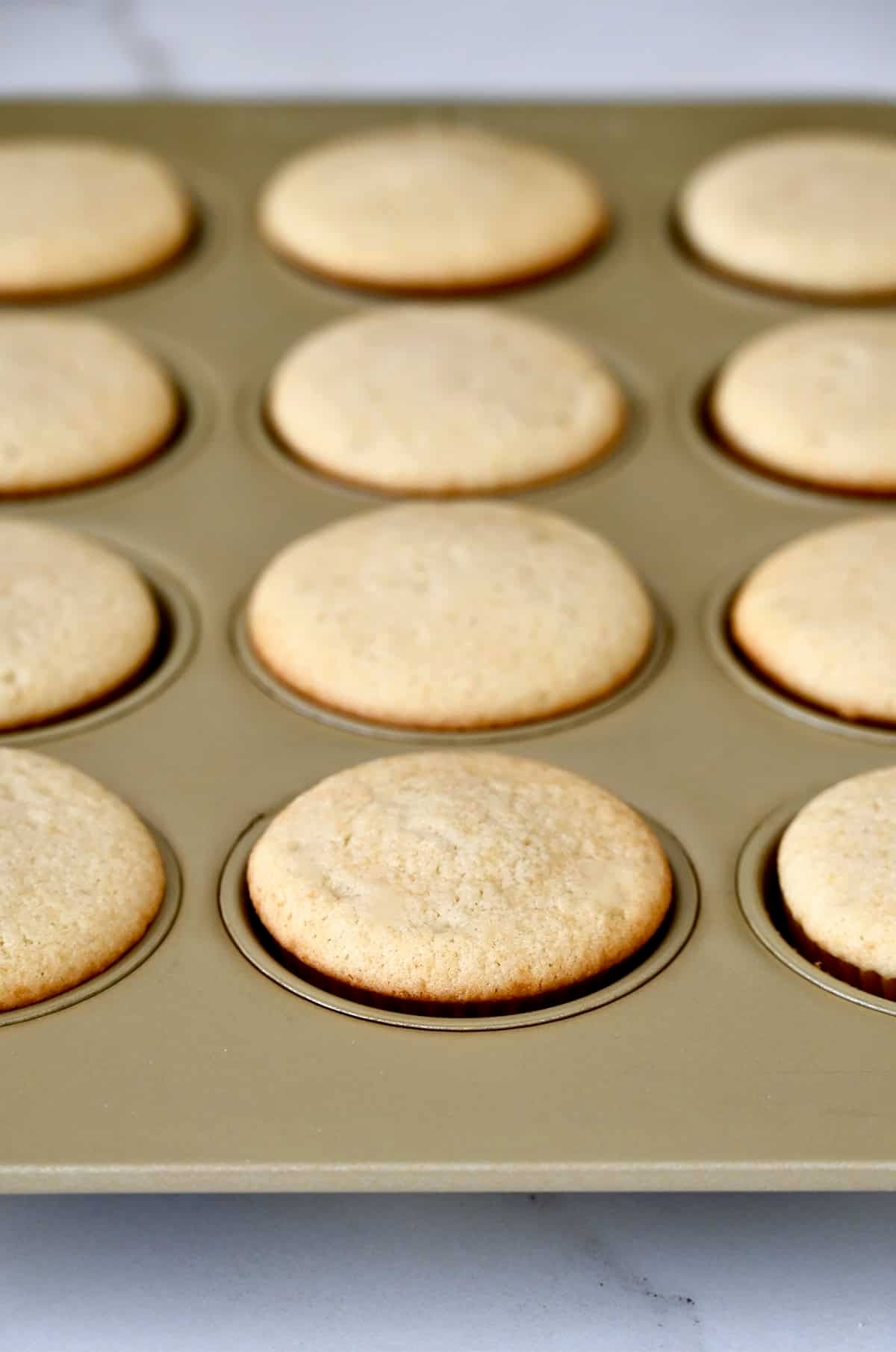Baked vanilla cupcakes in cupcake liners.