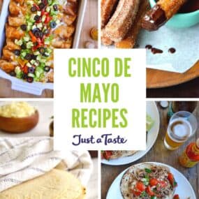 A collage of recipe images, including chicken enchiladas, churros, carnitas on flour tortillas, and corn tortillas.