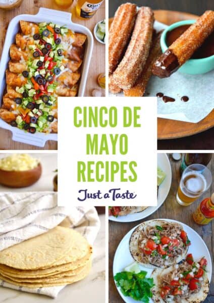 A collage of recipe images, including chicken enchiladas, churros, carnitas on flour tortillas, and corn tortillas.