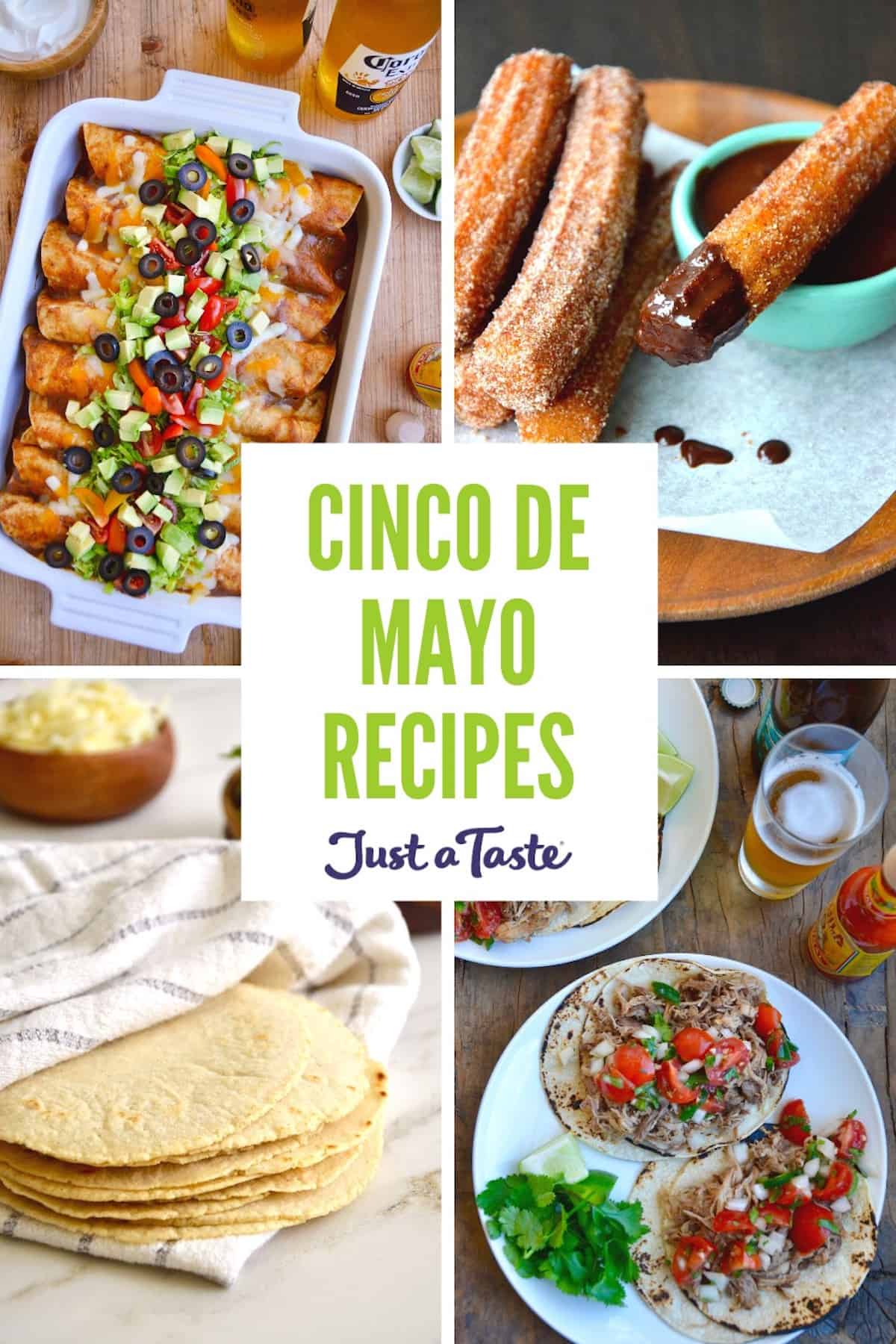 A collage of recipe images, including chicken enchiladas, churros, carnitas on flour tortillas, and corn tortillas.
