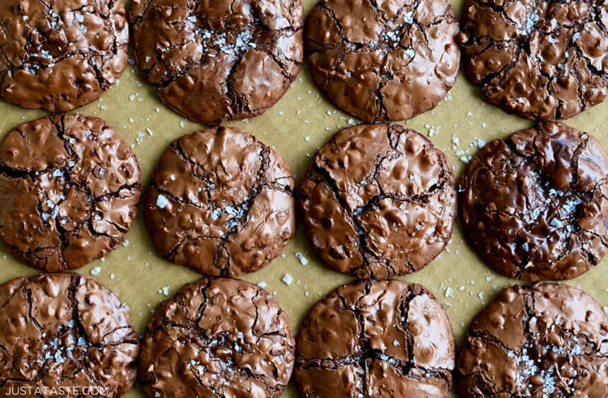 Fudgy flourless chocolate chip cookies dusted with sea salt
