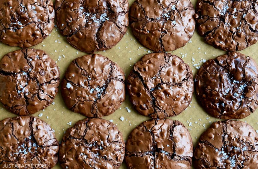 Fudgy flourless chocolate chip cookies dusted with sea salt