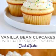 Top image: A close-up view of a Vanilla Bean Cupcake topped with swirled vanilla buttercream frosting and rainbow sprinkles. Bottom image: Vanilla Bean Cupcakes with vanilla bean buttercream frosting and rainbow sprinkles on a white plate.