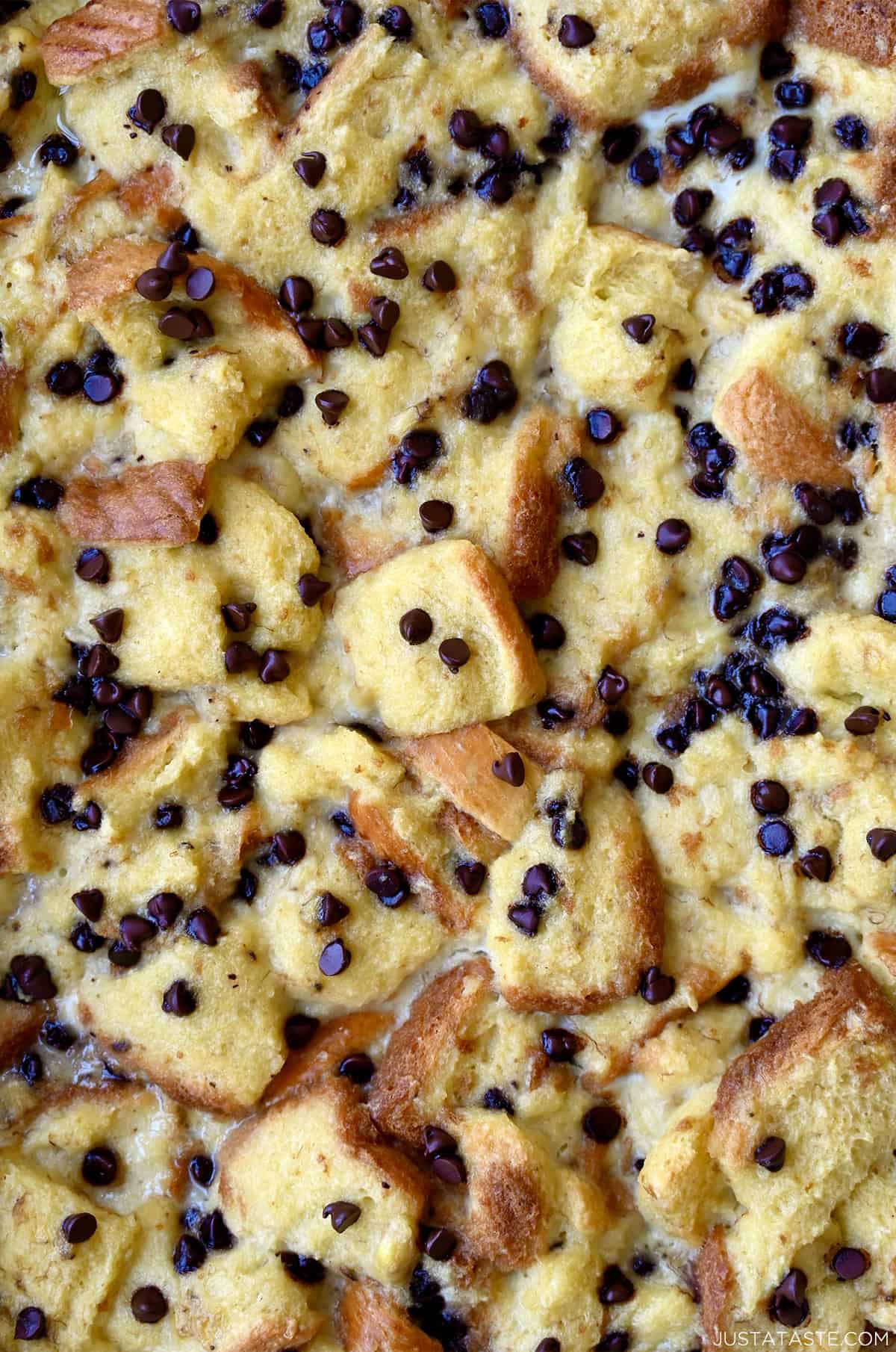 Fresh baked banana bread pudding studded with mini chocolate chips.