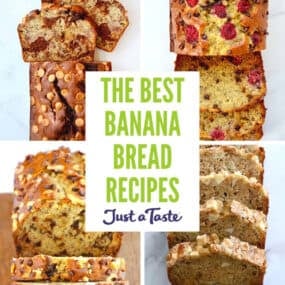 A collage of banana bread recipes, including chocolate peanut butter banana bread, raspberry chocolate chip banana bread, apple cinnamon banana bread, and moist banana bread studded with nuts and chocolate chips.