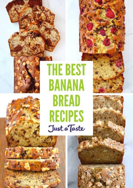 A collage of banana bread recipes, including chocolate peanut butter banana bread, raspberry chocolate chip banana bread, apple cinnamon banana bread, and moist banana bread studded with nuts and chocolate chips.