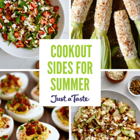 Collage of summer cookout side dishes, including strawberry spinach salad with feta cheese, parmesan corn on the cob, zucchini pasta salad and deviled eggs with bacon.
