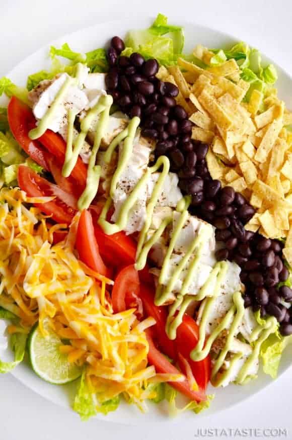 Fish Taco Salad with Avocado Dressing - Just a Taste