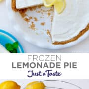 Top image: A top-down view of a frozen lemonade pie with graham cracker crust garnished with a lemon slice. Two slices of the pie are missing. Bottom image: Whipped cream being folded into a lemon pie mixture in a clear bowl with a spatula.