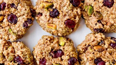 Top down view of Healthy Breakfast Cookies studded with pistachios and dried cranberries