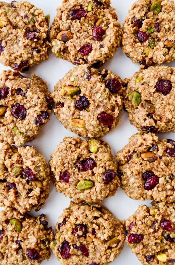 Top down view of Healthy Breakfast Cookies studded with pistachios and dried cranberries
