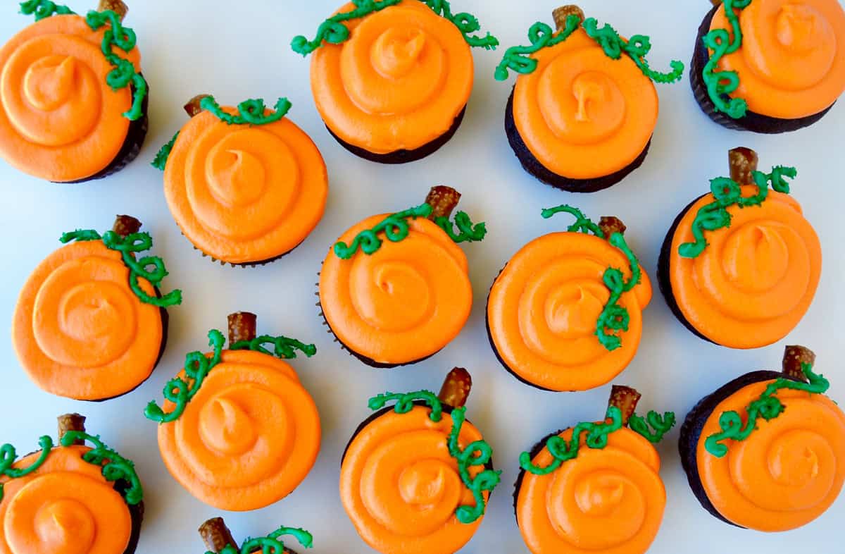 Chocolate pumpkin patch cupcakes with orange frosting.