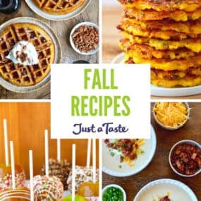 An image collage of pumpkin waffles, butternut squash fritters, loaded baked potato soup and caramel apples.