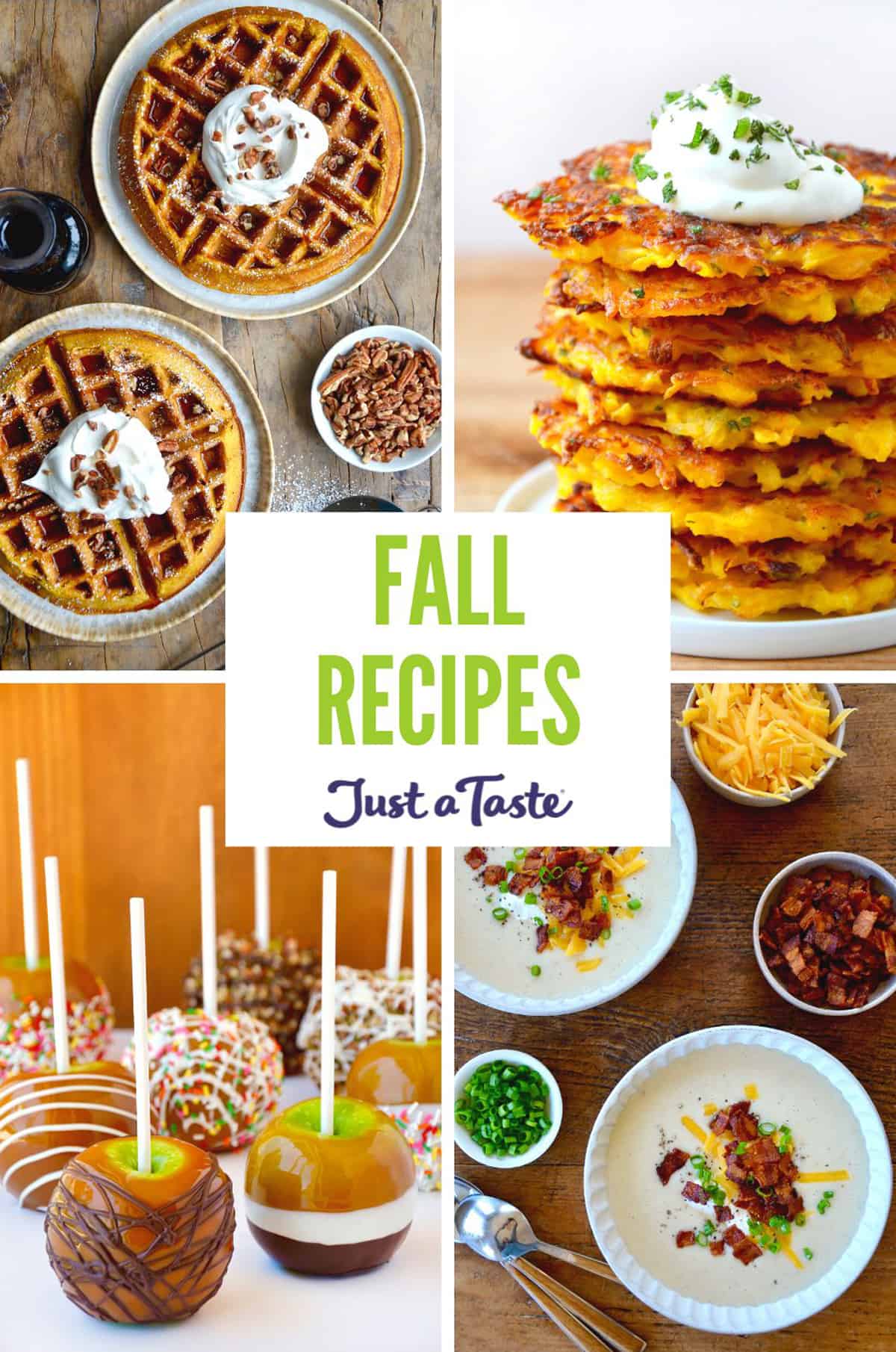 An image collage of pumpkin waffles, butternut squash fritters, loaded baked potato soup and caramel apples.