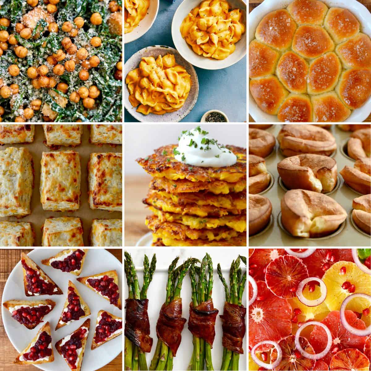 A collage of images featuring Thanksgiving side dishes, including kale salad, pumpkin mac and cheese, dinner rolls, citrus salad and butternut squash fritters.