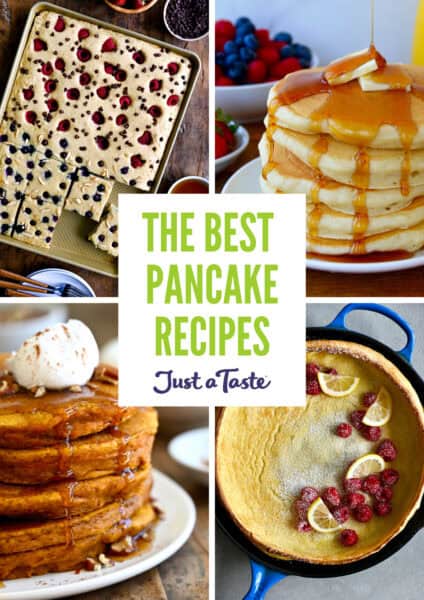 A collage of pancake recipes: Sheet pan pancakes, buttermilk pancakes, Dutch baby and pumpkin pie pancakes.