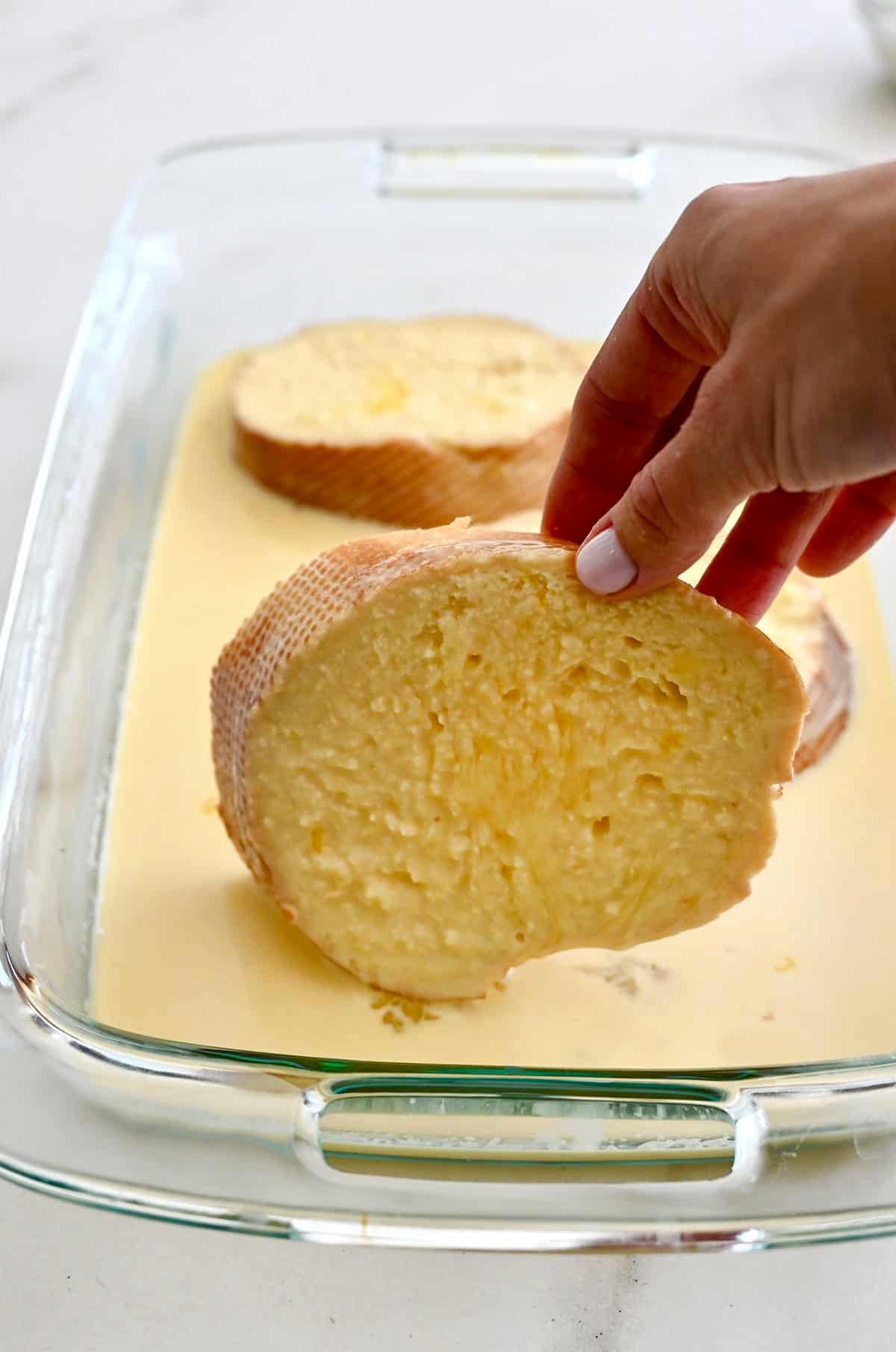 Thick slices of bread coated in custard.