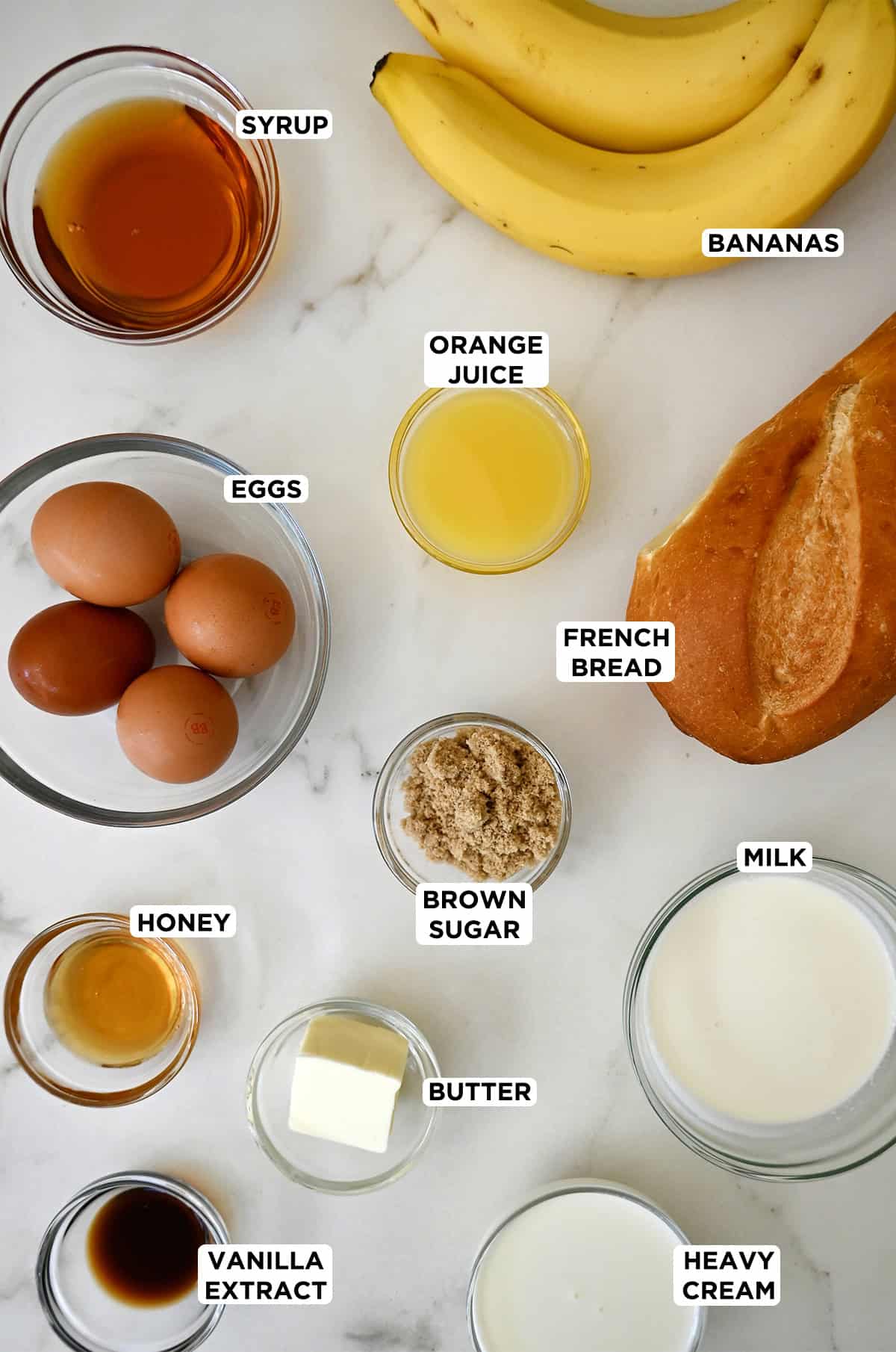 Ingredients to make French toast with caramelized bananas.