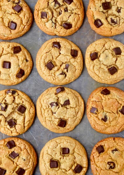 Three perfect rows of soft and chewy peanut butter chocolate chip cookies.