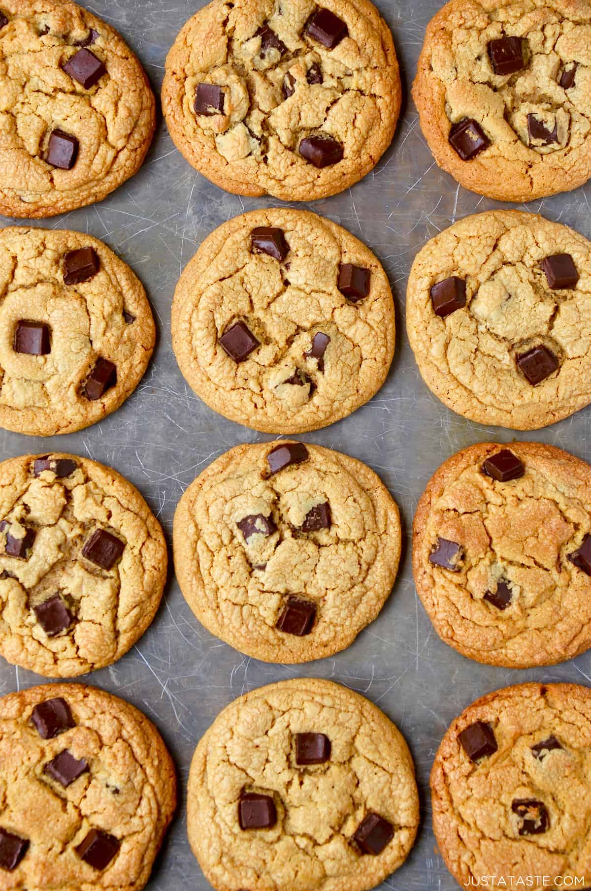 Three perfect rows of soft and chewy peanut butter chocolate chip cookies.