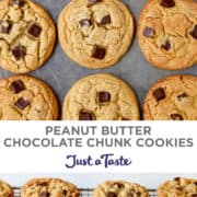 Top image: A top-down view of rows of peanut butter chocolate chunk cookies. Bottom image: Peanut butter chocolate chunk cookies cooling on wire baking racks.