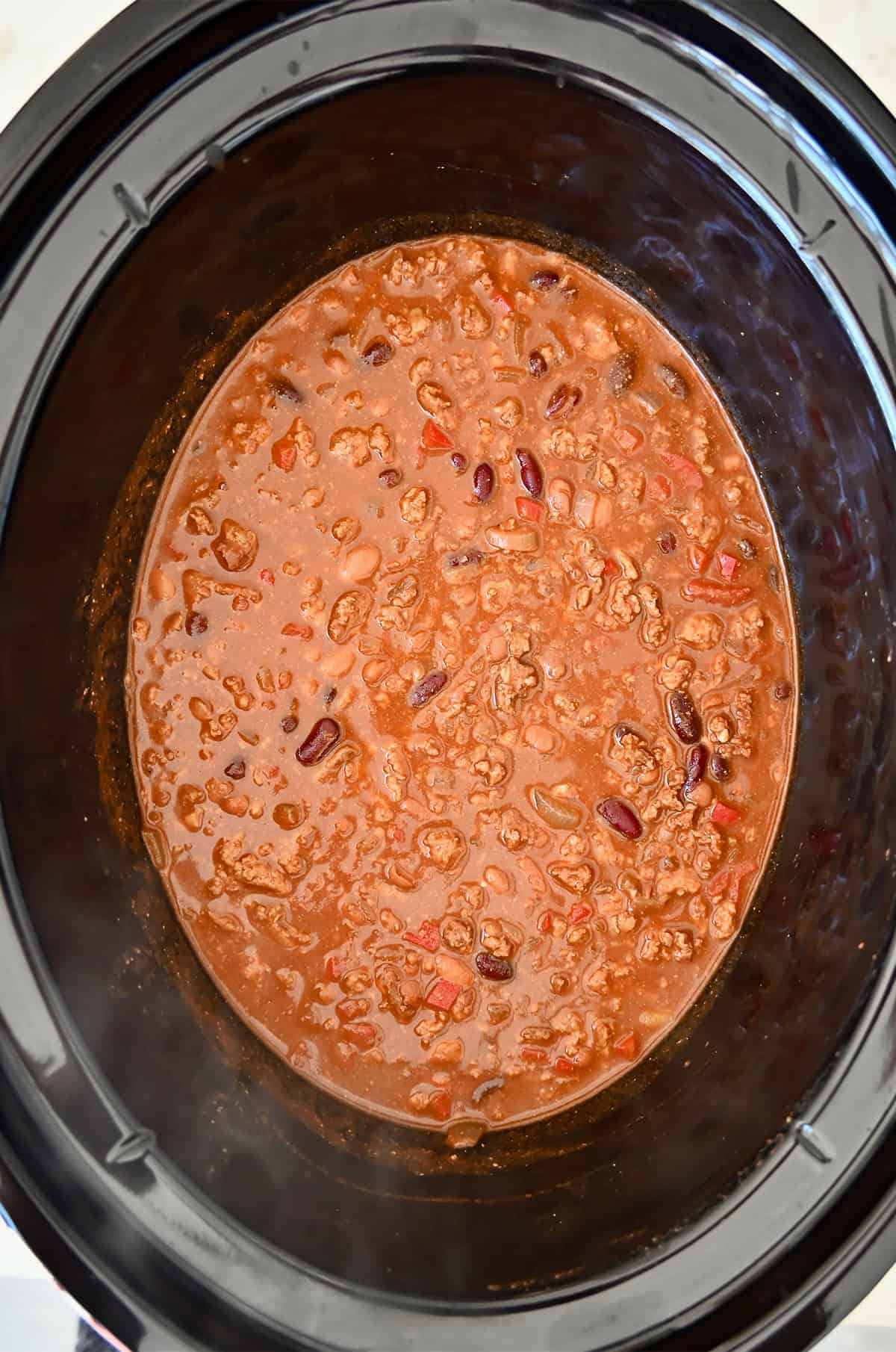 Chicken chili in a slow cooker.