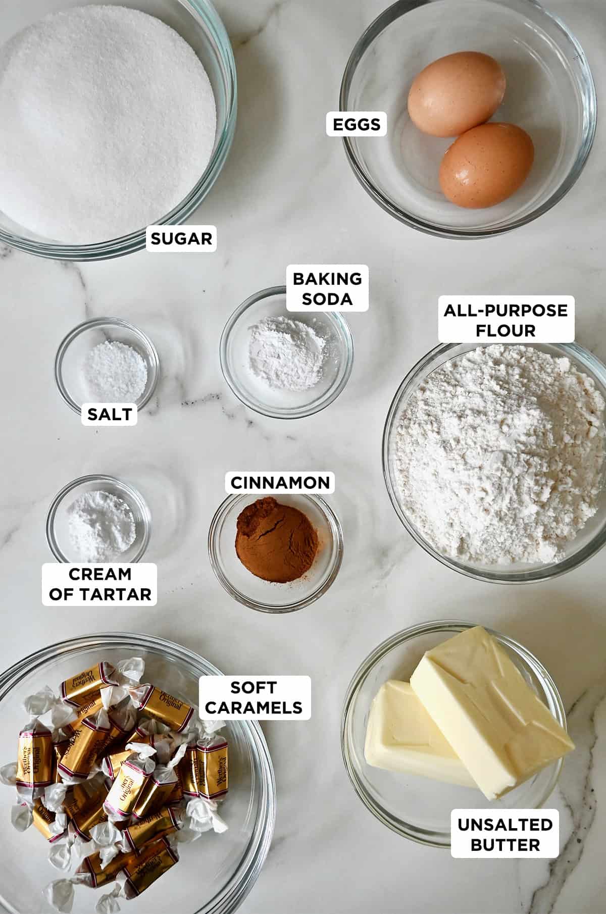 Ingredients to make snickerdoodle cookies stuffed with chewy caramel.