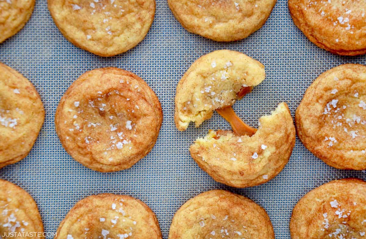 Salted caramel snickerdoodles sprinkled with large-flake sea salt.