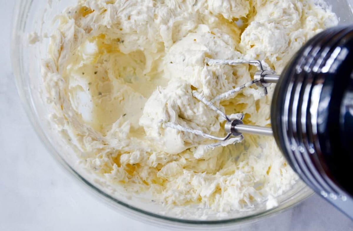Ranch cream cheese spread in a mixing bowl.