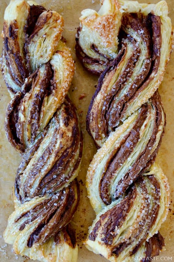 A close-up of Nutella twists made with puff pastry and sanding sugar on top