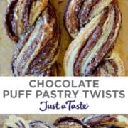 Top image: A close-up view of Nutella puff pastry twists. Bottom image: A top-down view of two large chocolate puff pastry twists.