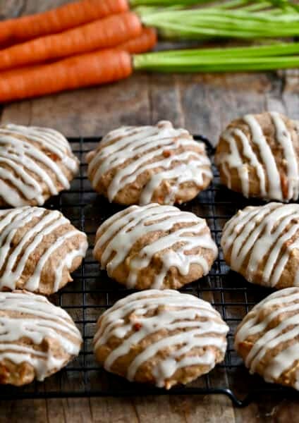 Soft and chewy carrot cake cookies with cream cheese icing.