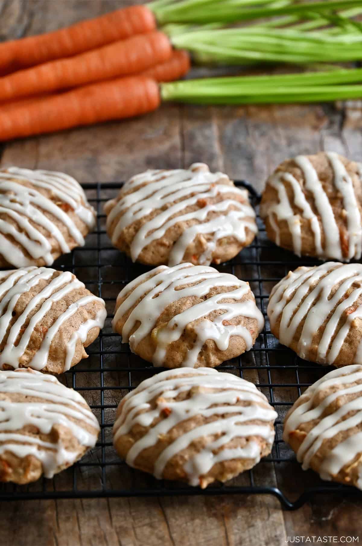 Soft and chewy carrot cake cookies with cream cheese icing.