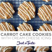Top image: A top-down view of Carrot Cake Cookies with Cream Cheese Icing on a wire cooling rack. Bottom image: A close-up view of Carrot Cake Cookies.