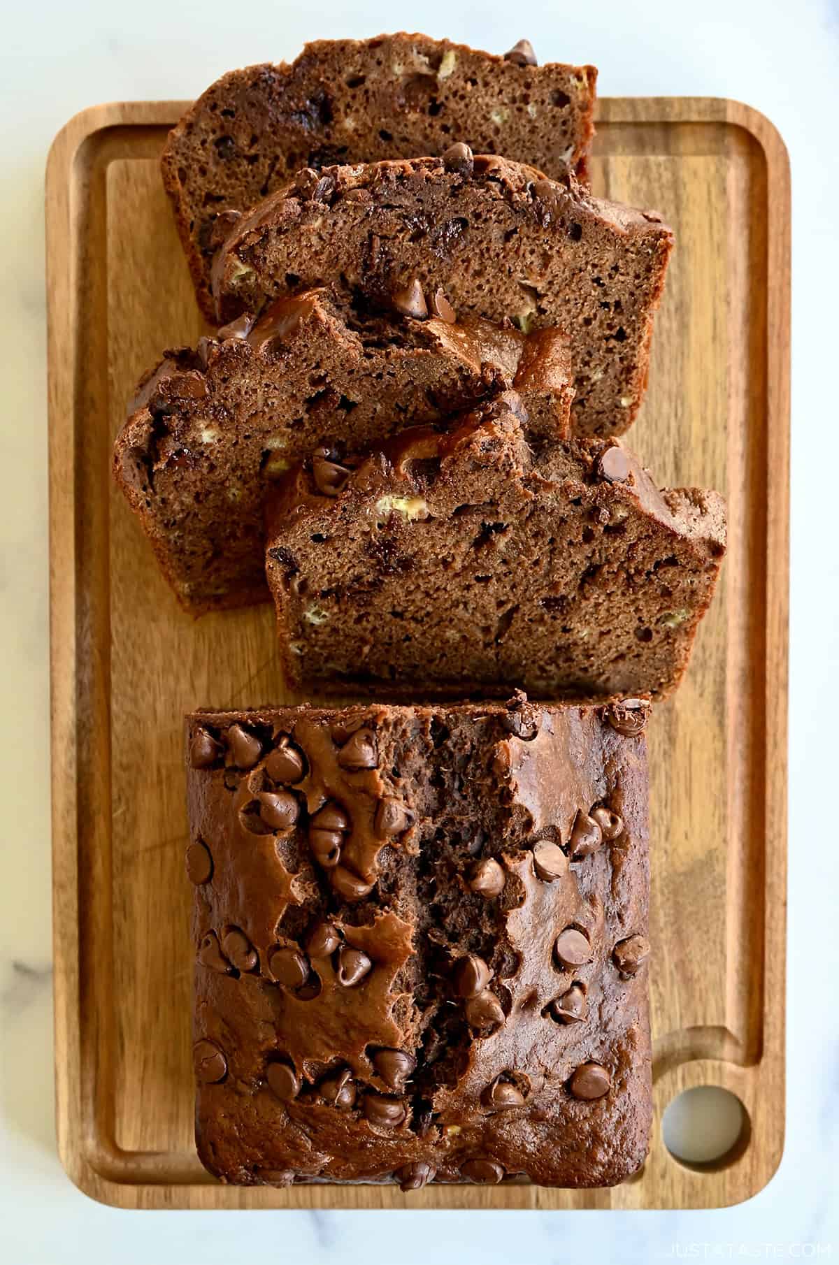 Sliced double chocolate banana bread.